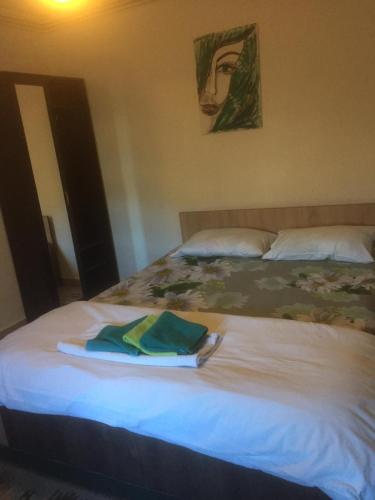 a bed with a towel on top of it at Vila Licurici in Caciulata