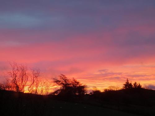 a sunset over a hill with trees in the foreground at Ty Capel in Llanidloes