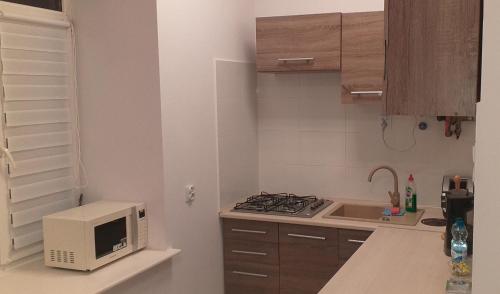 a small kitchen with a microwave and a stove at Apartament centrum Sienkiewicza WIEŻA EIFFLA PROMENADA -KLIMATYZACJA- WYJĄTKOWY in Kielce