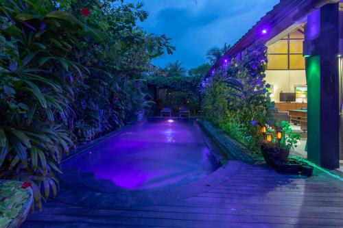 a swimming pool with purple lights in a backyard at night at Villa Latebra in Lovina
