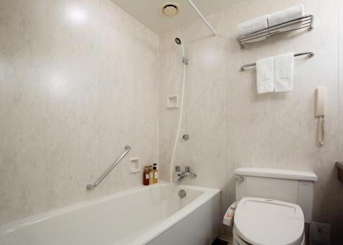 靜岡的住宿－HOTEL GRAND HILLS SHIZUOKA，带浴缸、卫生间和淋浴的浴室。