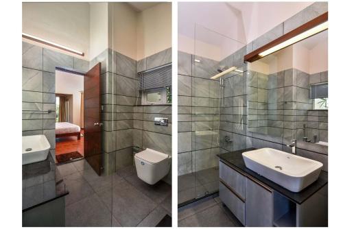 - deux photos d'une salle de bains avec lavabo et toilettes dans l'établissement Vaga Roville- Tea Plantation Valley View by StayVista, à Vagamon