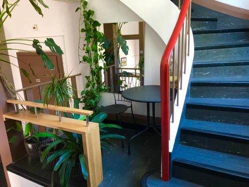 a staircase with a table and some plants at Auberge Pour Tous in Vallorbe