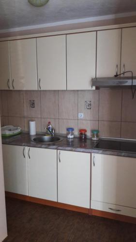 a kitchen with white cabinets and a sink at Villa Vasojevka in Bar, Susanj