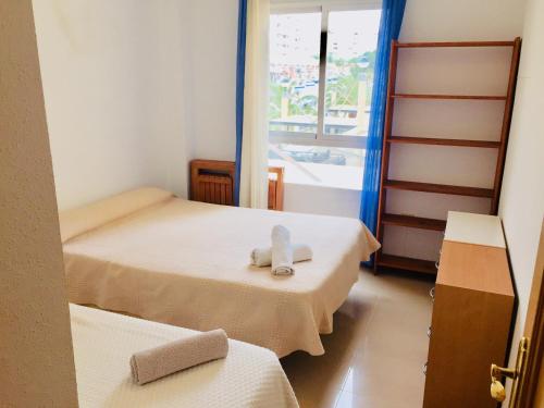 Cette chambre comprend 2 lits et une fenêtre. dans l'établissement Maravilloso Complejo Residencial, à Benidorm