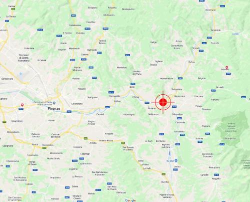 a map with a red circle in the middle at Little Room - Camera indipendente nella Torre in Pontassieve