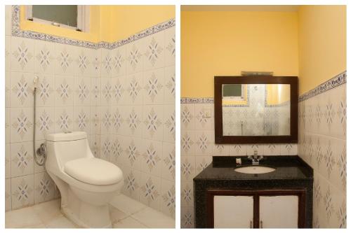 two pictures of a bathroom with a toilet and a sink at Hotel Bougainvillea in Pokhara
