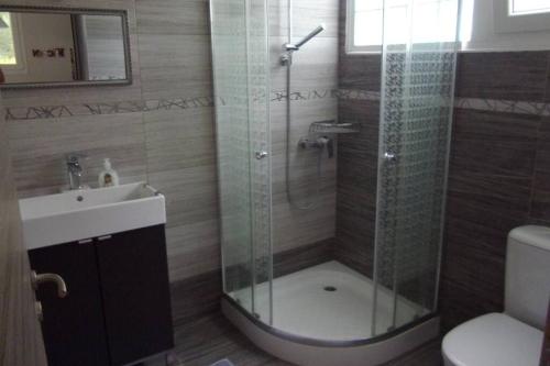 a bathroom with a shower with a sink and a toilet at LIakada Apartments in Karousádes