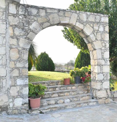 a stone archway with stairs and potted plants at Lasa Black Rock villa in Paphos City