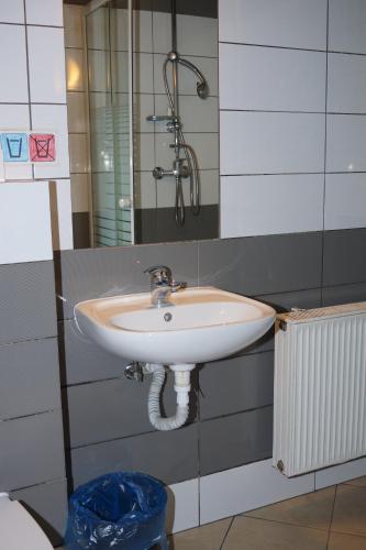 a bathroom with a sink and a mirror at Noclegi u Matyldy in Marklowice