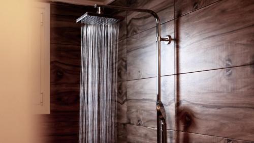 a shower in a bathroom with a wooden wall at Galinio Boutique Apartments in Skafidia