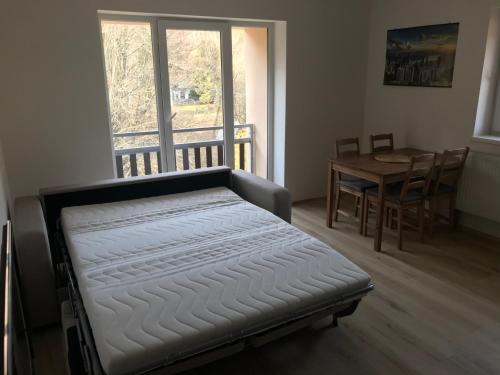 uma cama num quarto com uma mesa e uma janela em Apartmán Horní Lipová em Ober Lindewiese