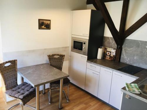 a kitchen with a table with chairs and a microwave at Pension Hainer See - FEWO in Neukieritzsch