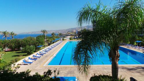 uma grande piscina com espreguiçadeiras e uma palmeira em Rabiya Marine Hotel em Ţabarjā