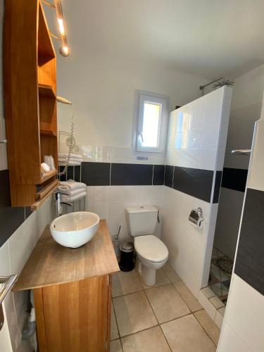 a bathroom with a white toilet and a sink at Hotel du Pont de l'Oso in Cala Rossa