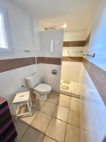 a bathroom with a toilet and a table in it at Hotel du Pont de l'Oso in Cala Rossa