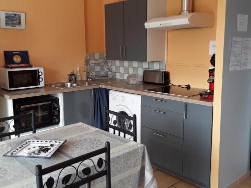 La cuisine est équipée d'une table, d'un évier et d'un four micro-ondes. dans l'établissement Gite au coeur de Provence, à LʼIsle-sur-la-Sorgue