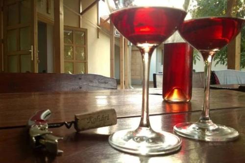 zwei Gläser Rotwein auf dem Tisch in der Unterkunft Guesthouse Kohári in Egerszalók