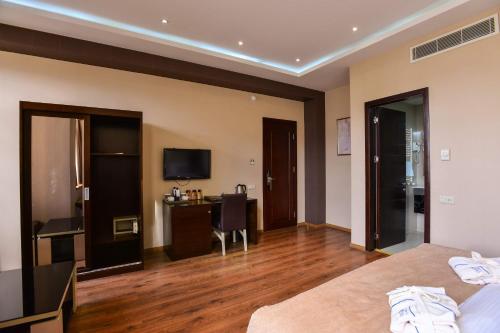 a bedroom with a bed and a desk and a television at Hotel Orion Tbilisi in Tbilisi City