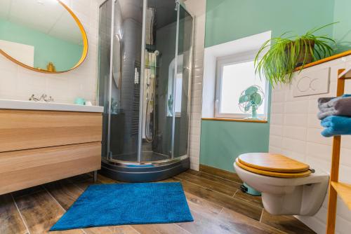 W łazience znajduje się prysznic oraz toaleta z niebieskim dywanem. w obiekcie Chez Twiggy - Guesthouse vintage à Prenois w mieście Prenois