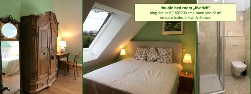 two pictures of a bedroom with a bed and a bathroom at Bed & Brockhof Meerbusch in Meerbusch