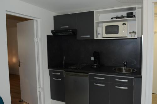 une cuisine avec un évier et un micro-ondes dans l'établissement Touline, à Saint-Malo