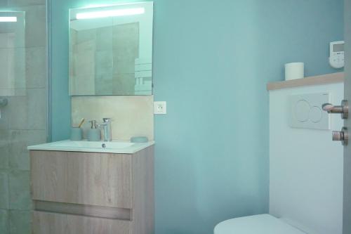 bagno con lavandino e servizi igienici di Maison Jardin Wifi - Climatisation - 100 m plage sauvage - 20 min Perpignan a Torreilles
