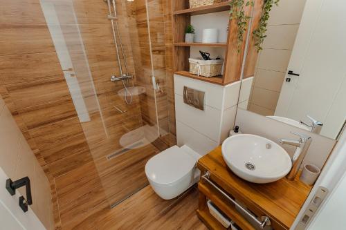 a bathroom with a shower and a toilet and a sink at Porta del Mare in Kotor
