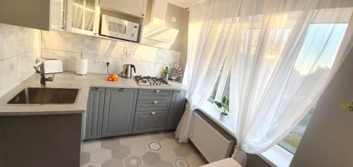 a small kitchen with a sink and a window at Ventspils Seaside Lux Apartments in Ventspils