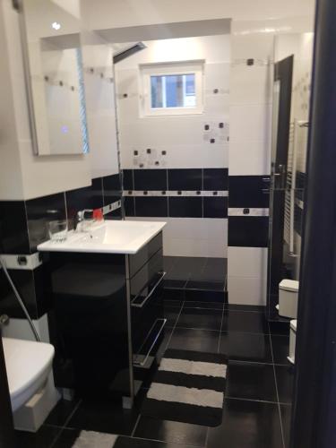 un bagno bianco e nero con lavandino e servizi igienici di Mirrors Old Town Central a Braşov
