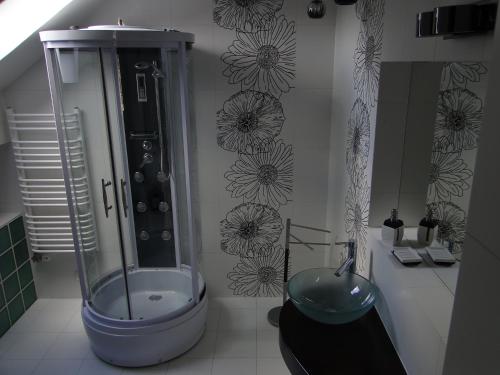 a bathroom with a shower and a tub and a sink at Apartament Nina in Wisła