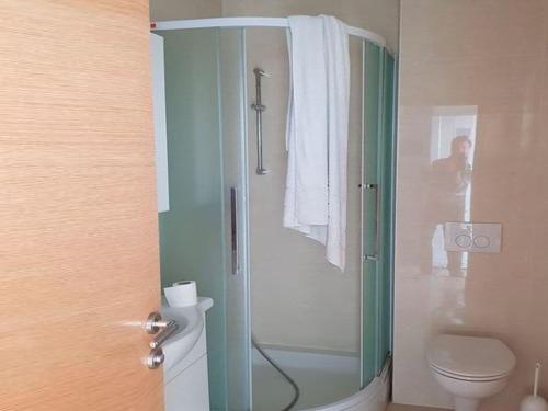 a bathroom with a shower and a toilet at Contemporary Apartment in Neviđane near Sea in Neviđane