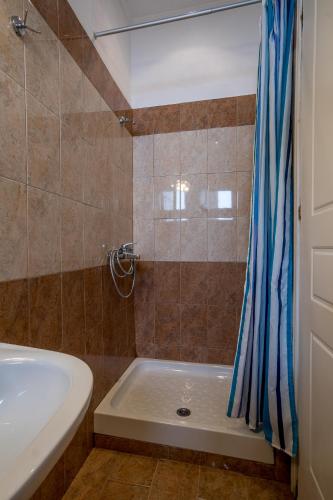 a bathroom with a shower and a tub and a sink at Barax Apartments in Agios Georgios