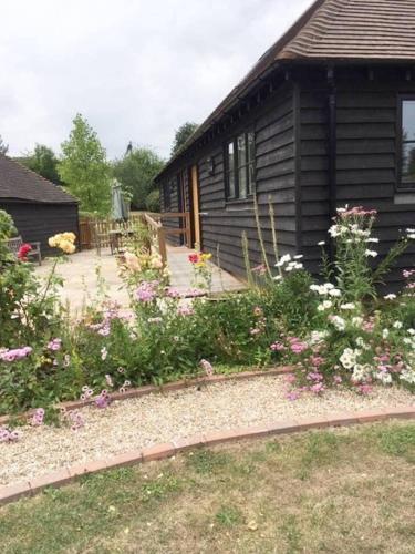 
a garden filled with flowers and plants next to a building at Orchard Cottage in Canterbury
