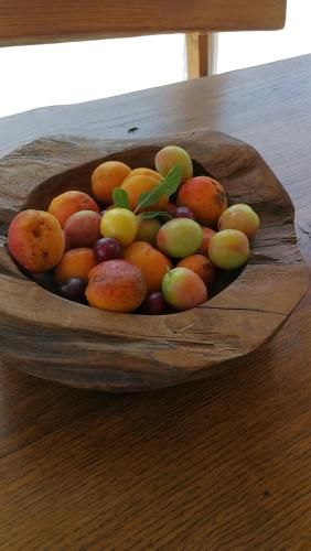 a wooden bowl of fruit on a wooden table at Vila Marija in Rab