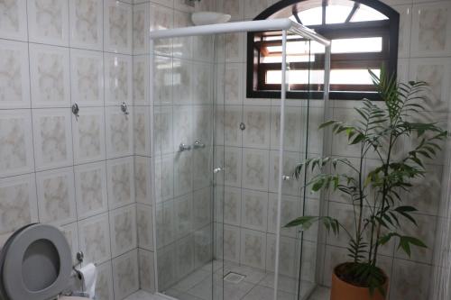 a bathroom with a shower with a toilet and a plant at Oberon in Curitiba