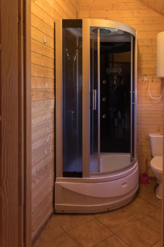 a bathroom with a shower with a toilet in it at Domki letniskowe SILVER in Jarosławiec