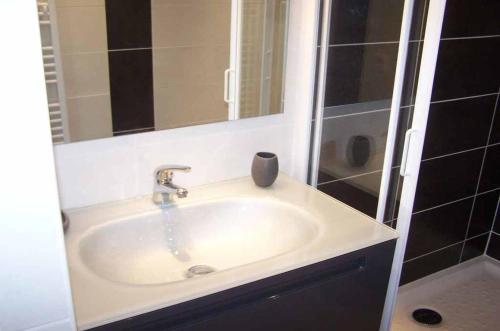 La salle de bains est pourvue d'un lavabo, d'un miroir et d'une douche. dans l'établissement CALYPSO 1731, aux Issambres