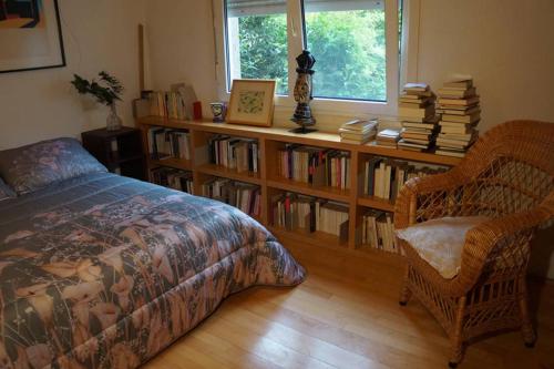 ein Schlafzimmer mit einem Bücherregal voller Bücher in der Unterkunft Casa en Rías baixas, vistas espectaculares, privado, cerca del mar in San Salvador de Poio