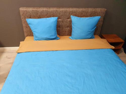 een bed met blauwe lakens en blauwe kussens bij Apartservice in Uzhgorod s39 in Oezjhorod