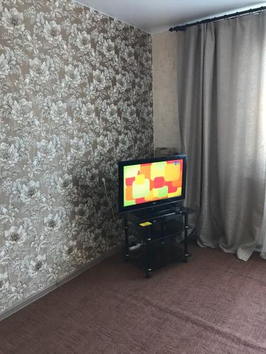 a television sitting on a stand in front of a wall at Квартира Комсомольская, 70 in Bratsk