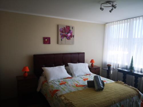 um quarto com uma cama grande e uma janela em Depto 1 Dormitorio Centro Blanco 702 em Temuco