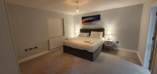 - une chambre avec un lit et une peinture murale dans l'établissement Garland Modern Spacious Apartment, Brentwood 1, à Brentwood