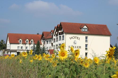 a field of sunflowers in front of a hotel at Hotel Göller in Hirschaid