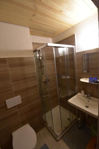 un bagno con doccia, WC e lavandino di Guest House Žnidar a Bohinj