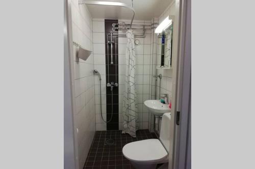 a bathroom with a shower and a toilet and a sink at Nice apartment in Vaasa in Vaasa