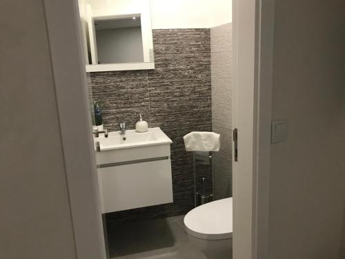 La salle de bains est pourvue d'un lavabo blanc et de toilettes. dans l'établissement Casa da Laija - Gerês, à Gerês