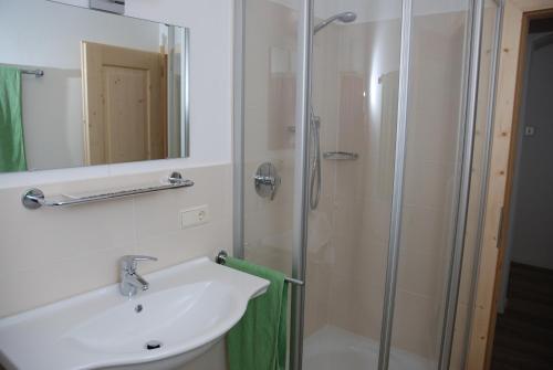 a bathroom with a sink and a shower at Appartment Gsolerhof in Castelrotto