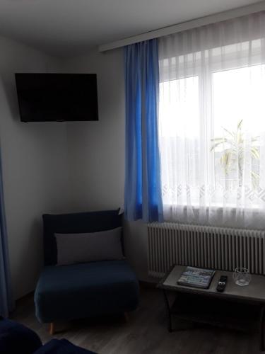 salon z niebieskim krzesłem i oknem w obiekcie Gasthof Steiner w mieście Mühlen