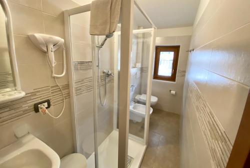 La salle de bains est pourvue d'une douche, de toilettes et d'un lavabo. dans l'établissement Casteluce Hotel Funivie, à Pinzolo